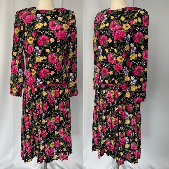 Vintage Midi Dress 6 Black Pink Floral Pleated Drop Waist Romantic Cottage 90s - Picture 1 of 16